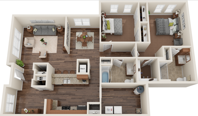 Floor plan for 2 beds, 2 baths, 1492 sqft